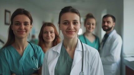 Fototapeta premium Portrait, nurse and team in hospital, health care and happiness with doctor, career and friends. Medical students AI generated