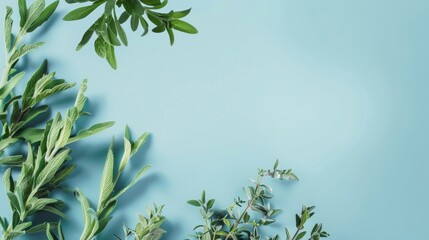 Photorealistic illustration of fresh herbs against a blue pastel background with copy space for text or logo, beautifully illuminated by studio lighting