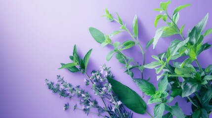 Photorealistic illustration of fresh herbs against a purple pastel background with copy space for text or logo, beautifully illuminated by studio lighting 