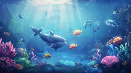 Whimsical underwater scene with hand drawn cartoon fish in animation style