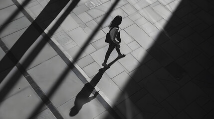 Shadow silhouette of a woman walking city street sidewalk square in black and white from above with architectural shades : Generative AI