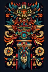 Obraz premium Vibrant Aztec Inspired Tattoo Design Featuring Intricate Mesoamerican Symbols and Motifs