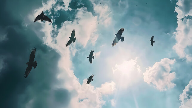From below view of silhouette of birds in flock flying against blue sky with clouds : Generative AI