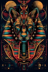 Vibrant Egyptian Inspired Tattoo Design with Mystical Synthwave Aesthetics