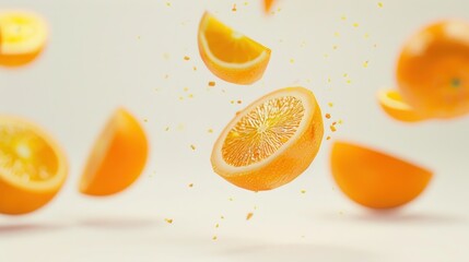 Orange fruits and slices of orange fruit levitating in air AI generated