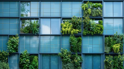 Detailed close-up of a green building with innovative plant installations, showcasing sustainability in architecture, clear isolated view