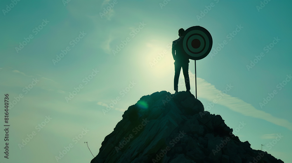 Poster Silhouette of businessman holding a target board on top of mountain Concept of aim and objective achievement : Generative AI