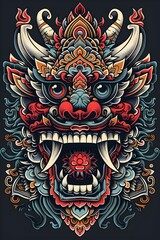 Vibrant Ethnic Tattoo Design Featuring Traditional Indonesian Motifs and Mythical Creatures
