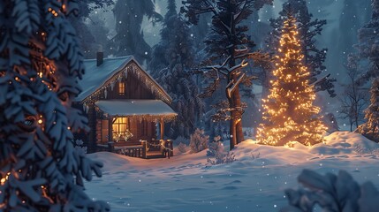 A rustic cabin nestled in a snowy forest clearing, with a beautifully decorated Christmas tree in the window
