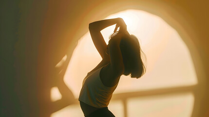 Shadow silhouette of a young feminine woman body dancing hands up in sunlight Soft shade of a girl on wall Concept of rest peace dance home lifestyle aesthetics freedom joy morning rou : Generative AI