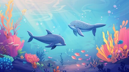 Fototapeta premium Cute 2D cartoon hand drawn underwater animals in an ocean background with copy space