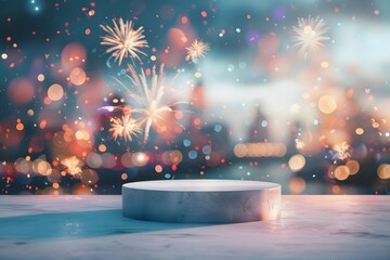 Empty blank podium pedestal with blurred fireworks festival and confetti background anniversary atmosphere for product display