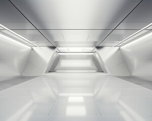 The image is of a futuristic, white-colored room with bright, reflective lighting. The room is empty and has a long hallway leading into the distance. The walls are made of metal panels and the floor