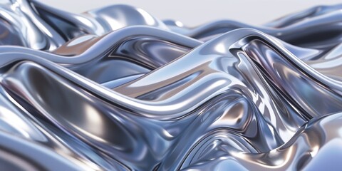 3D render of fluid silver metal waves in the style of an abstract background with a shiny chrome texture.