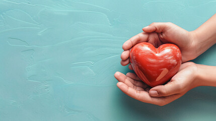 Fototapeta premium A pair of hands delicately cradles a bright red heart against a minimalist, solid-colored backdrop. The surreal quality and abundant copy space enhance the visual impact, ideal for themes of