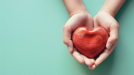 Obraz premium Hands gently hold a vibrant red heart against a minimalist pastel background, creating a surreal and emotionally evocative scene. The clean design and ample copy space make this image perfect for