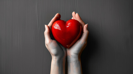 Fototapeta premium In a surreal minimalist setting, hands present a bold red heart, standing out against a monochromatic background. This image's clean lines and ample copy space make it ideal for highlighting concepts