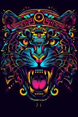 Vibrant Mayan Inspired Jaguar in Synthwave Esport Logo Style