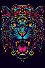 Fototapeta premium Vibrant Mayan Inspired Jaguar in Synthwave Esport Logo Style