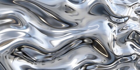 3D render of fluid silver metal waves in the style of an abstract background with a shiny chrome texture.