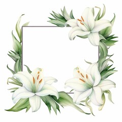 Obraz premium lily themed frame or border for photos and text.elegant white petals and green stems. watercolor illustration, wreath of Lily flowers and green leaves.