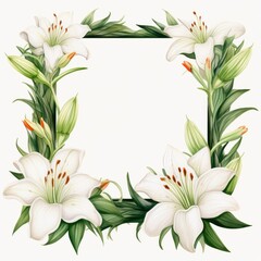 Obraz premium lily themed frame or border for photos and text.elegant white petals and green stems. watercolor illustration, wreath of Lily flowers and green leaves.