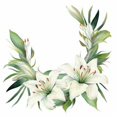lily themed frame or border for photos and text.elegant white petals and green stems. watercolor illustration, wreath of Lily flowers and green leaves.