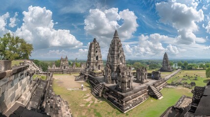 Panorama of Prambanan temple near Yogyakarta city, Central Java, Indonesia