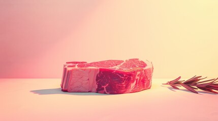 Photorealistic illustration of a slab of steak against a pastel background with copy space for text or logo, beautifully illuminated by studio lighting 