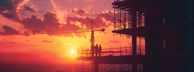 3d rendering of silhouette construction workers working on high building at sunset with yellow sky...