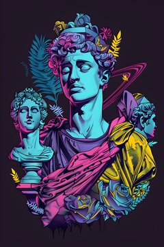 Vividly Detailed of Pygmalion the Mythological Sculptor in Vibrant 80s Synthwave Style on Black Background