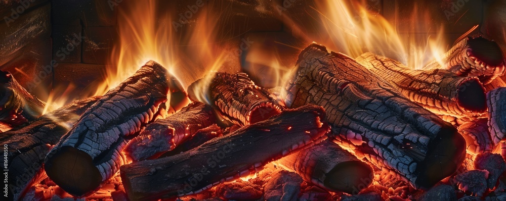 Poster Warm glowing fireplace with burning logs