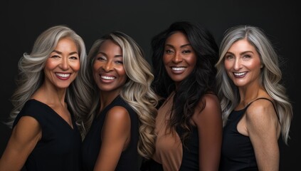Obraz premium 5 women of different ethnicities, all with beautiful skin and hair standing next to each other smiling for the camera against a black background.