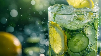 Close-up of a refreshing morning detox drink: cucumber and lemon water in a clear glass, dewy and fresh, isolated background