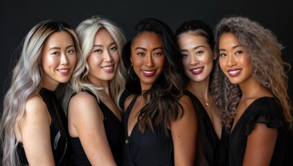 5 women of different ethnicities, ages and skin colors with beautiful smooth clear facial features...