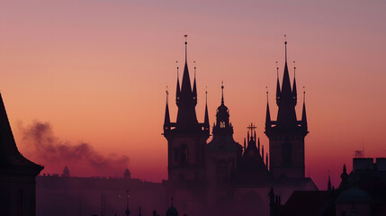Obraz premium Silhouette of Pragues towers at dawn : Generative AI