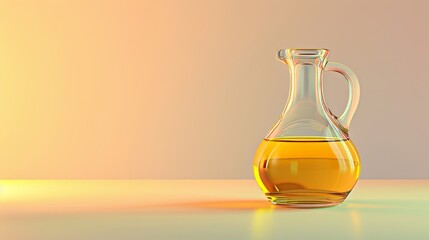 Photorealistic illustration of a glass olive oil container against a pastel background with copy space for text or logo, beautifully illuminated by studio lighting
