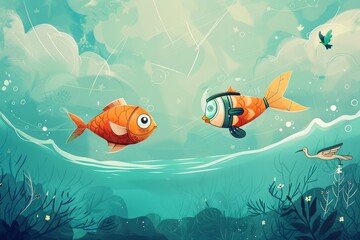 Cartoon cute doodles of a fish wearing a jetpack zooming through the air while a bird gracefully swims in the ocean depths, Generative AI 