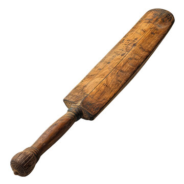A wooden club with a long handle and a flat, rectangular head