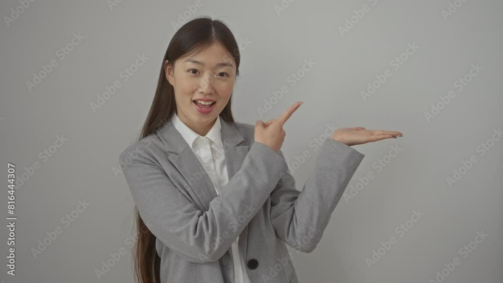 Wall mural amazed young chinese woman in a jacket, standing and pointing, presenting with her hand on an isolat