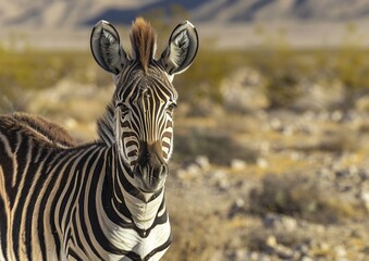 Fototapeta premium Portrait of mountain zebra (Equus Zebra) standing in a field of grass with mountains in the background.