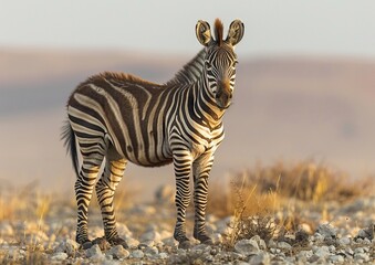 Obraz premium Portrait of mountain zebra (Equus Zebra) standing in a field of grass with mountains in the background.