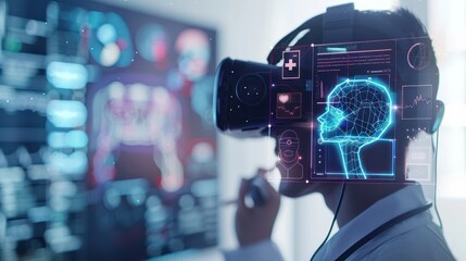 Digital healthcare and networking on modern virtual screens Close up of headphones and digital tablet with virtual patient's medical record on the interface.