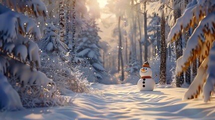 A peaceful forest scene blanketed in snow, with a happy snowman adding charm to the wintry landscape