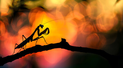 The silhouette of an empusa pennata mantis on a twig against a vibrant sunset with tree silhouettes : Generative AI
