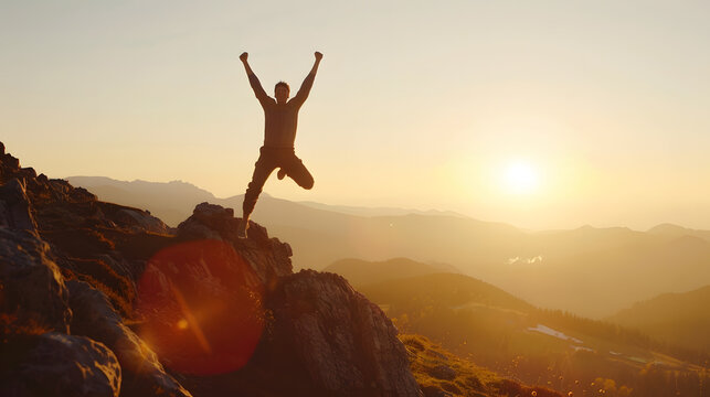 SILHOUETTE LENS FLARE Victory jump of a young guy on a mountaintop at sunrise He is celebrating as he reaches the top when first rays of autumn morning sun start spilling over the alpi : Generative AI