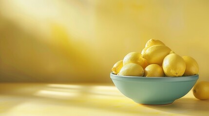 Photorealistic illustration of a bowl of lemons against a yellow pastel background with copy space for text or logo, beautifully illuminated by studio lighting