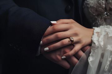 Groom holding bride's hand. with wedding ring
