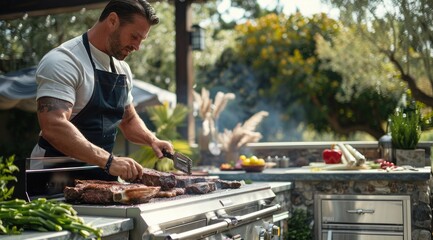 Male in an outdoor kitchen with a grill. Grilling steaks.