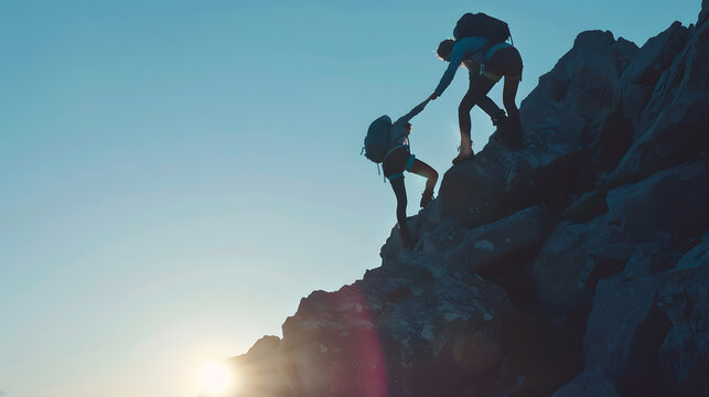 Male and female hikers climbing up mountain cliff and one of them giving helping hand  People helping and team work concept : Generative AI
